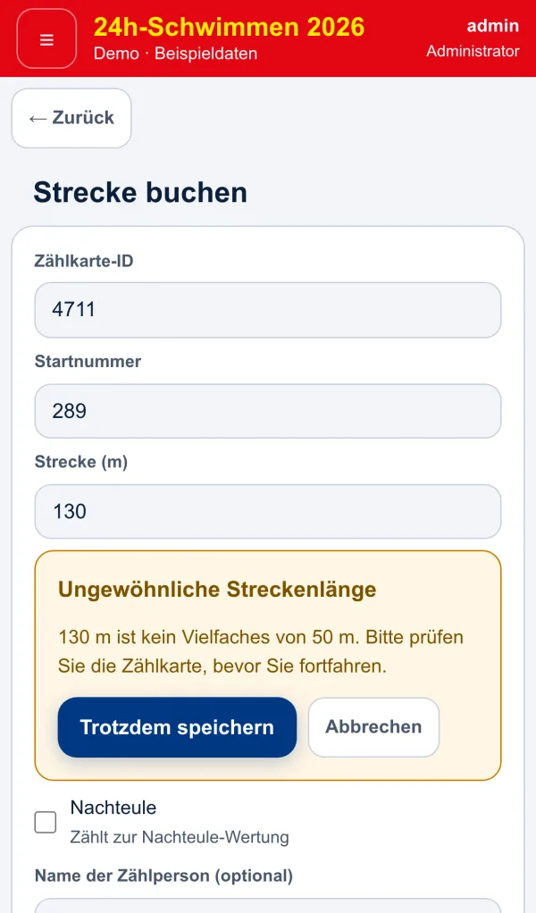 Booking form on a phone: count card 4711, start number 289, 130 m, with a yellow warning that 130 m is not a multiple of 50 m.