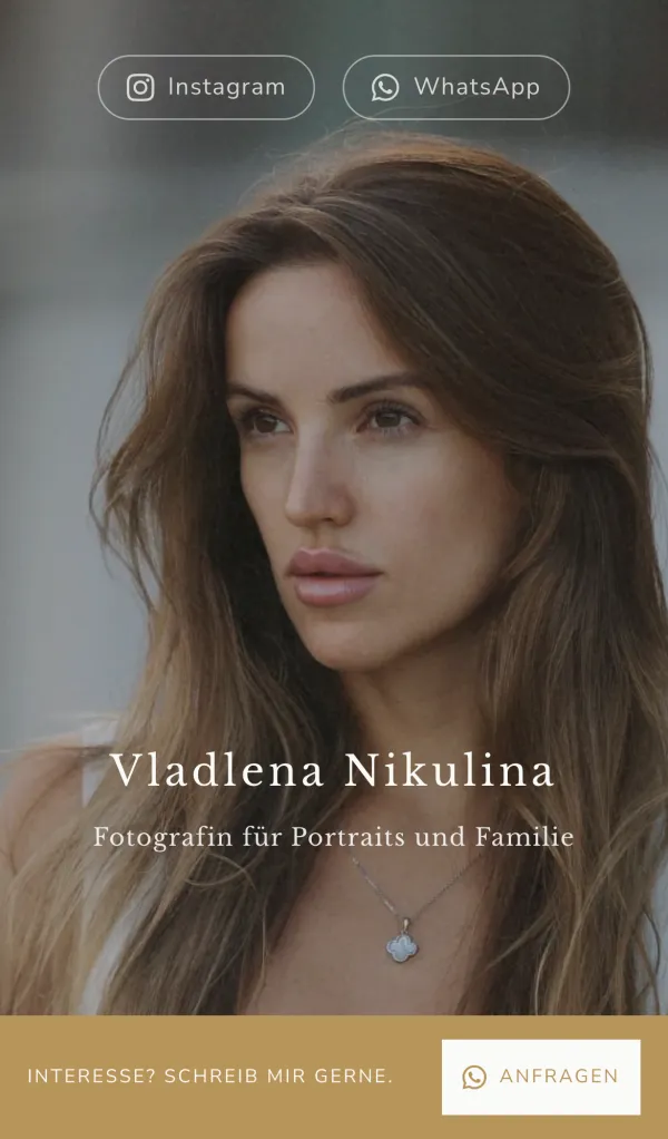 First screen on a phone: portrait photo with the name Vladlena Nikulina, Instagram and WhatsApp buttons at the top, and the “Anfragen” bar at the bottom.