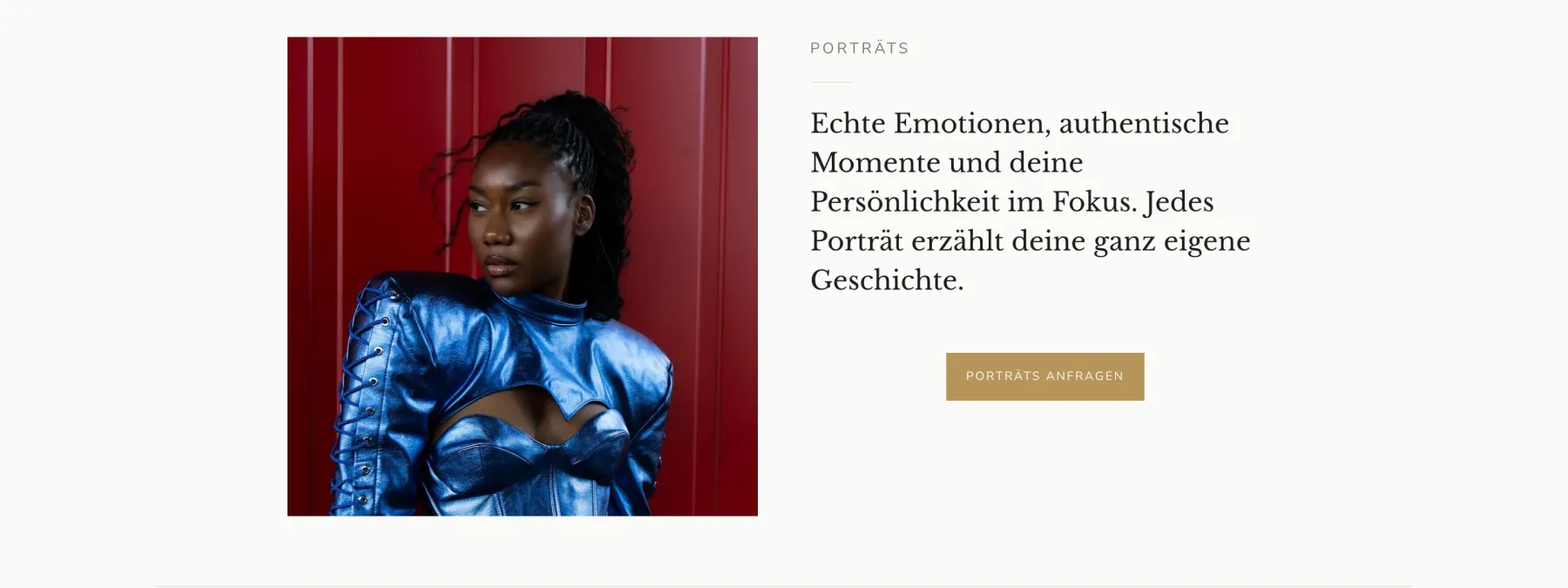 Portraits section on a desktop: a portrait photo on the left; on the right the heading “Porträts”, a short German introduction and a gold “Porträts anfragen” button.